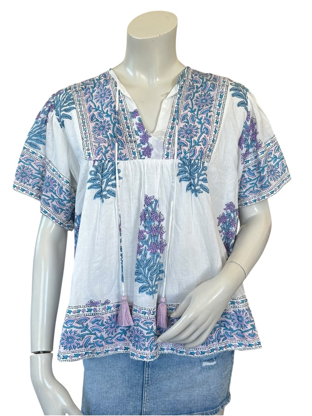 Victoria Dunn Purple White Blue Short Sleeve Boho Peasant Blouse India Size XL